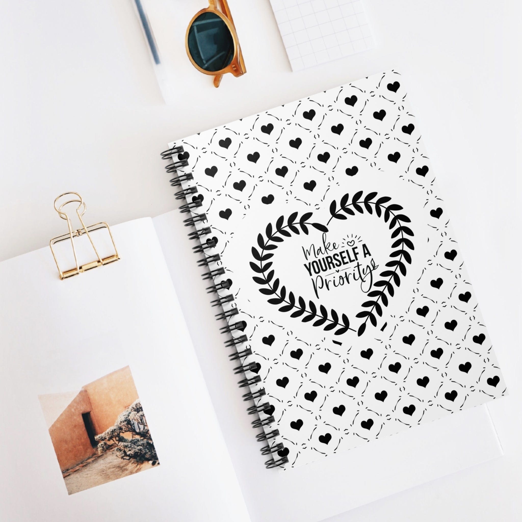 Black and White Vine Ring Heart Lined Journal Spiral Notebook with Self Care Quote