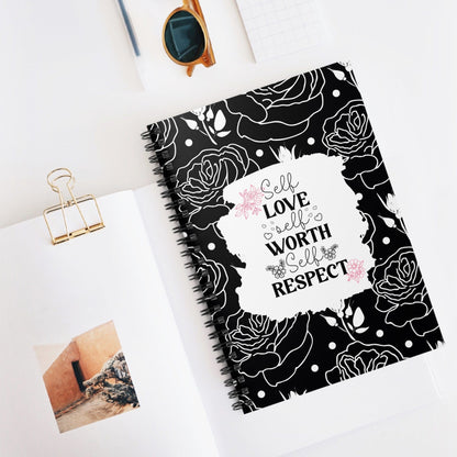 Black and Pink Floral Spiral Notebook Lined Journal Self Care Quote