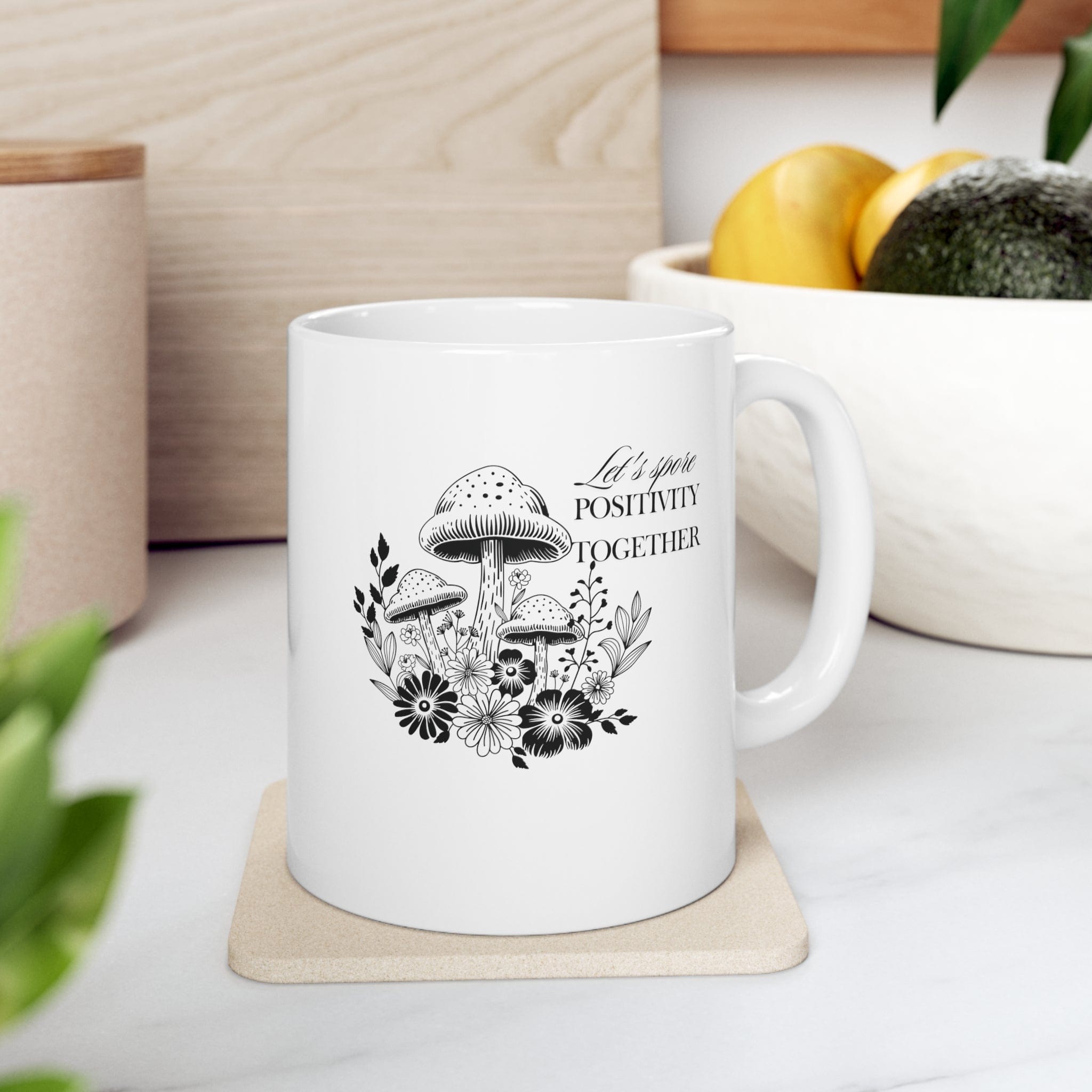 Mushroom Mug, Botanical Mug, Black and White Art, Self Care Quote, Coffee Lover Gift