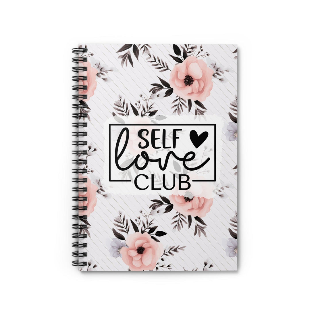 Cute Floral Spiral Notebook, Lined Journal, Watercolor Flowers, with Motivational Quote &quot;Self Love Club&quot;