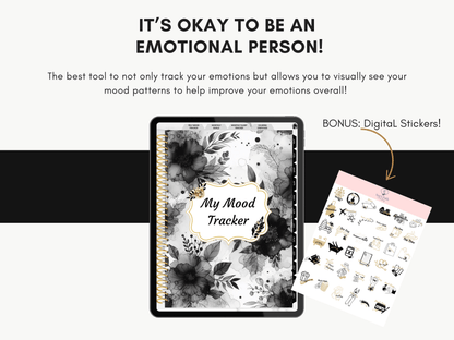 Digital Mood Tracker, Daily Planner, Digital Stickers, Therapeutic Tool, Black &amp; Gold Floral