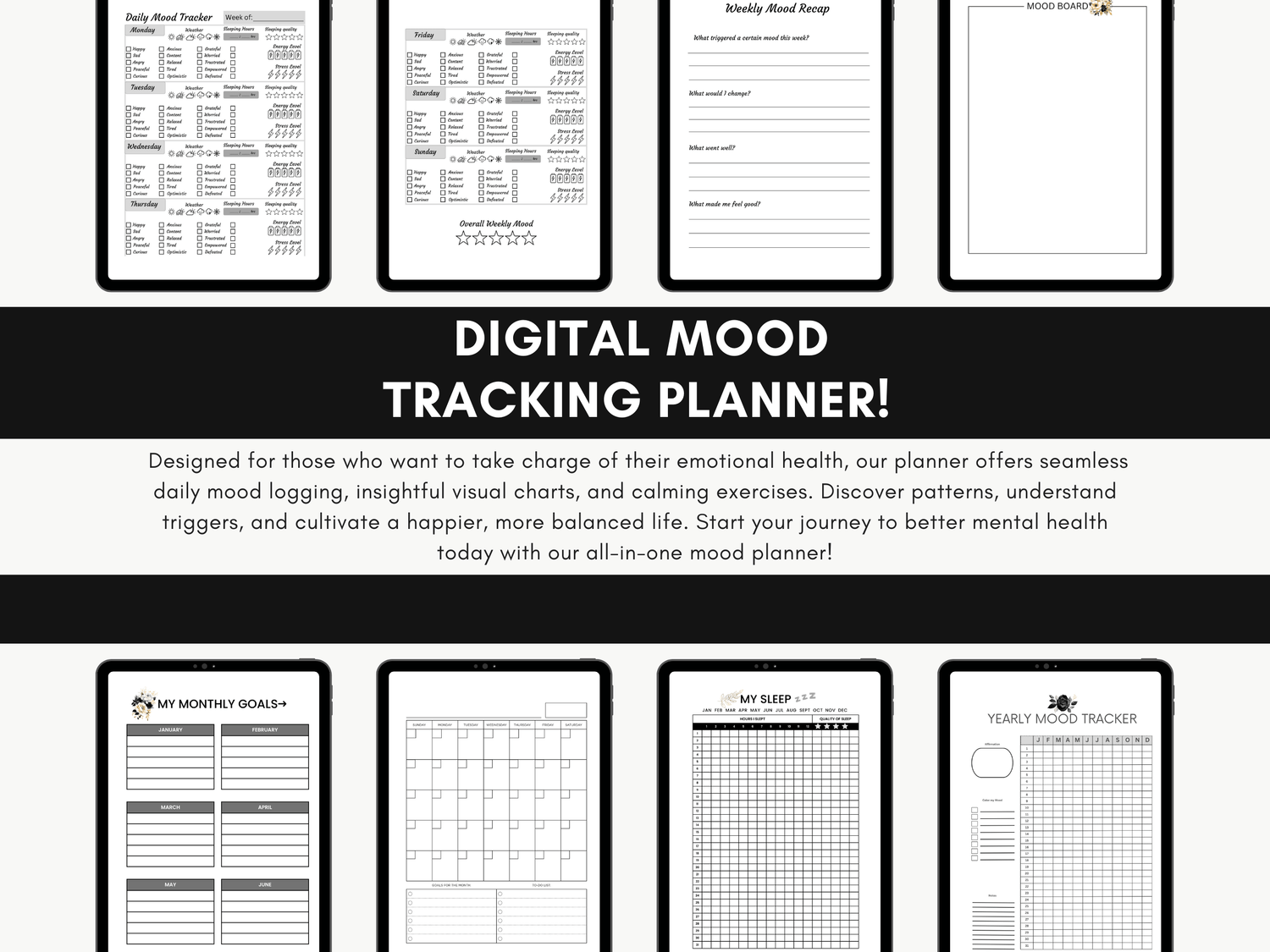 Digital Mood Tracker, Daily Planner, Digital Stickers, Therapeutic Tool, Black &amp; Gold Floral