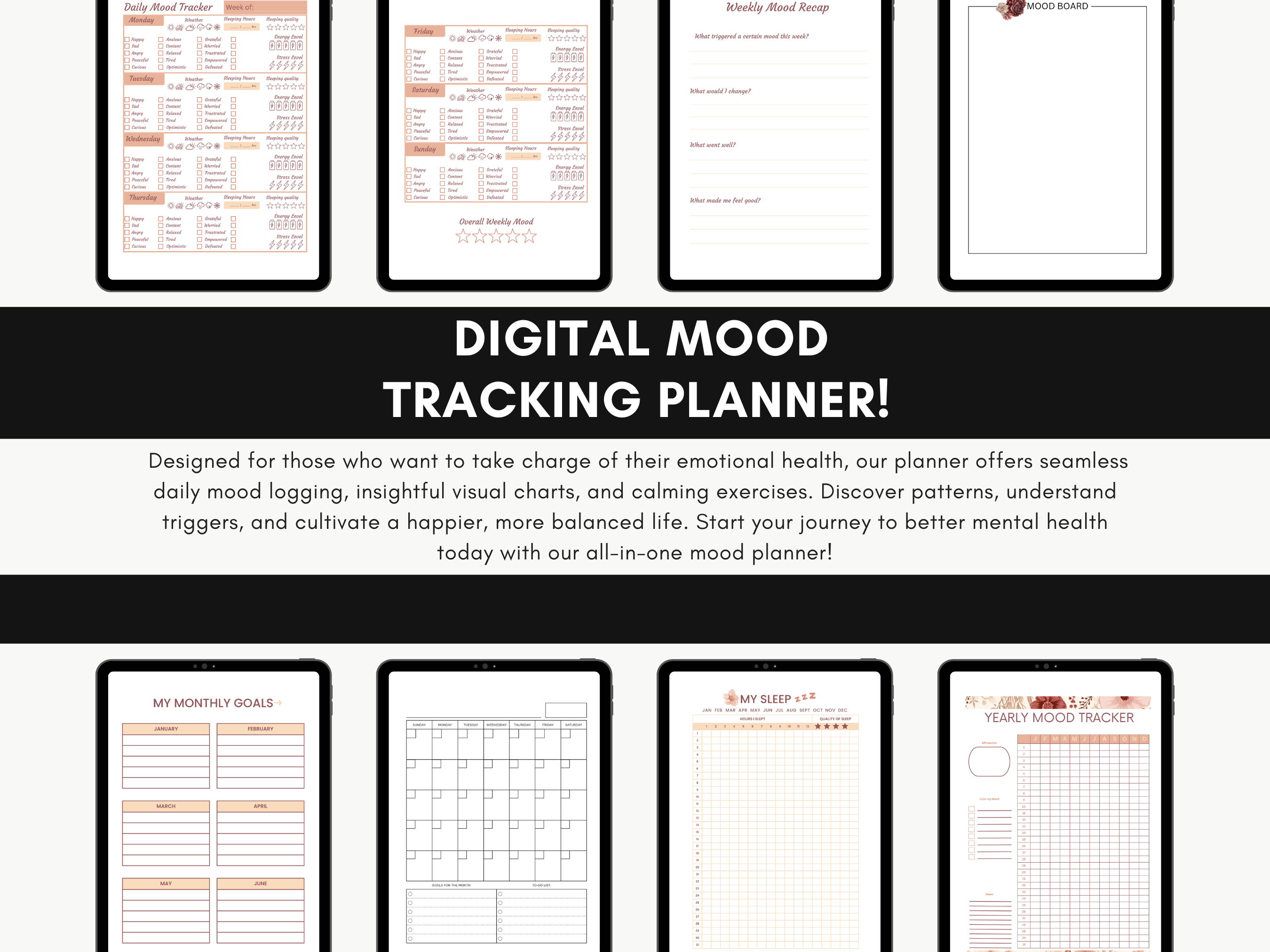 Digital Mood Tracker, Daily Planner, Digital Stickers, Therapeutic Tool, Blush Neutral Floral