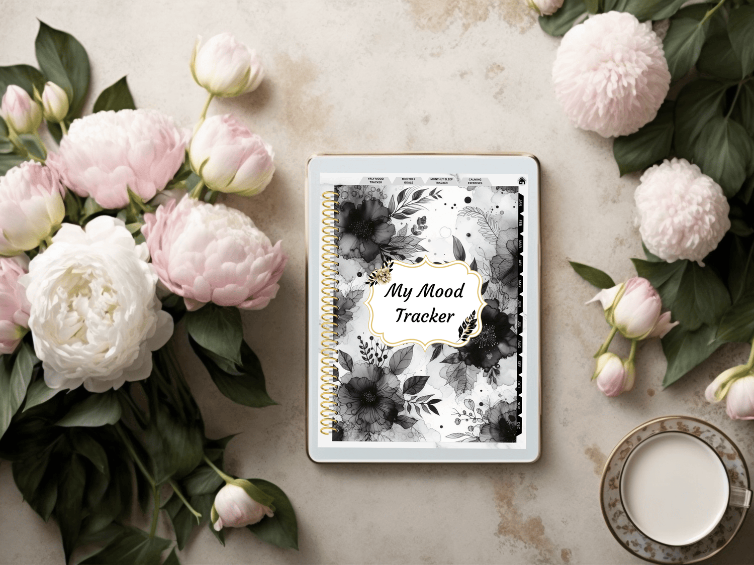 Digital Mood Tracker, Daily Planner, Digital Stickers, Therapeutic Tool, Black &amp; Gold Floral