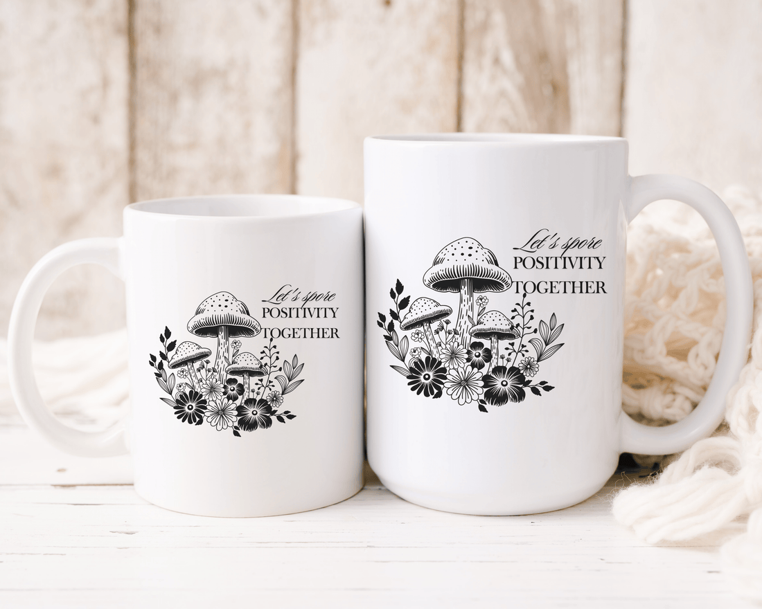 Mushroom Mug, Botanical Mug, Black and White Art, Self Care Quote, Coffee Lover Gift