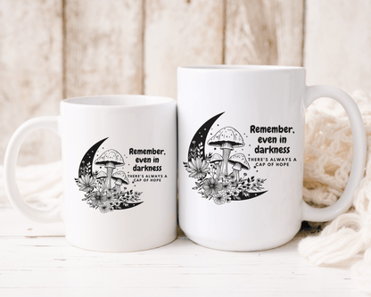 Mushroom Mug, Celestial Mug, with Crescent Moon, Nature Line Art, Wildflowers, Motivational Quote, Coffee Lover Gift