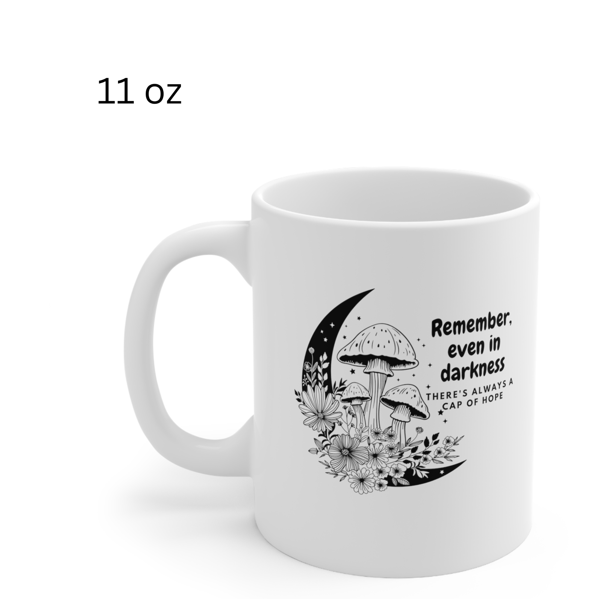 Mushroom Mug, Celestial Mug, with Crescent Moon, Nature Line Art, Wildflowers, Motivational Quote, Coffee Lover Gift