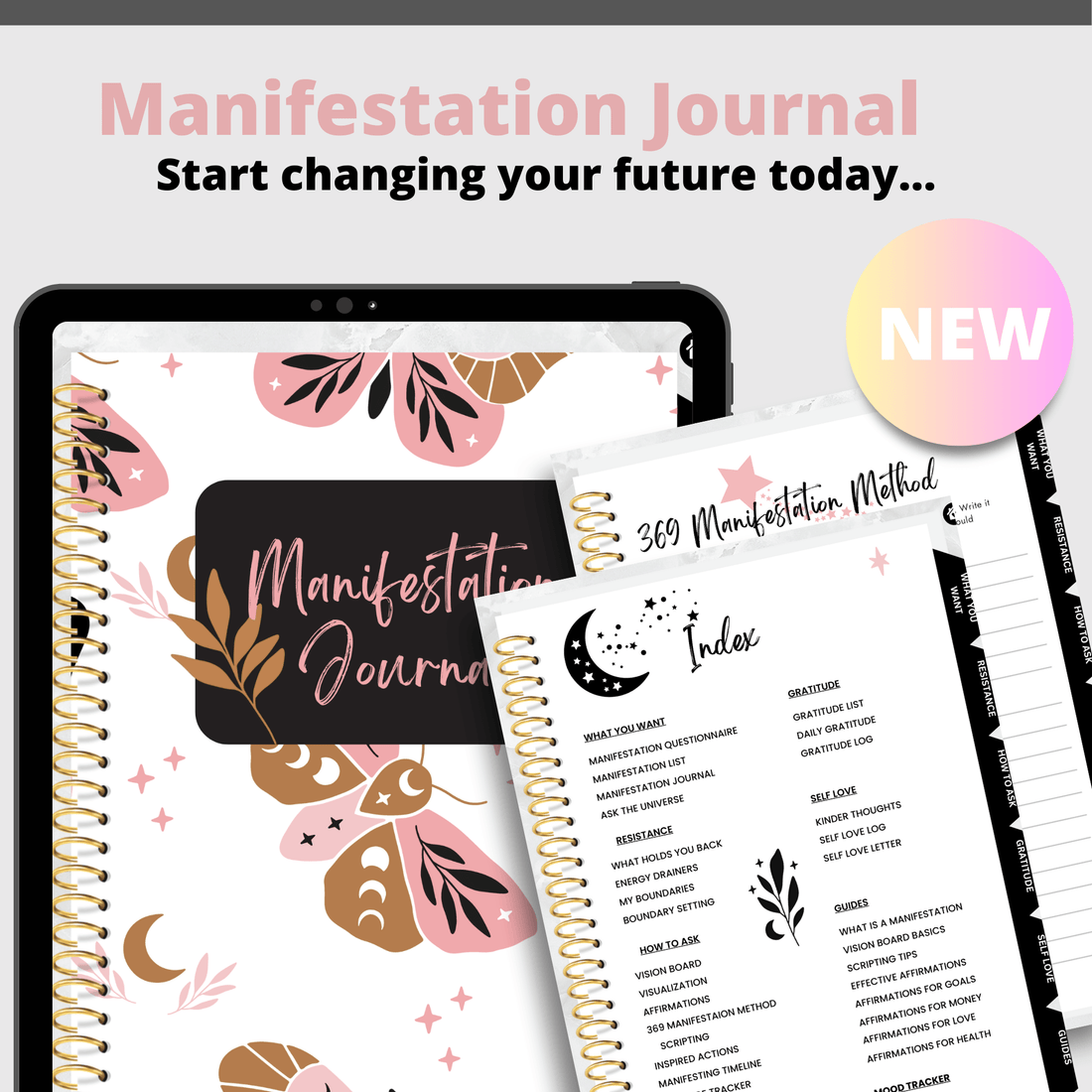 Manifestation Journal, Law of Attraction, Lunar Moth Digital Journal, Mood Tracker, Vision Board, Goodnotes, Printable Journal