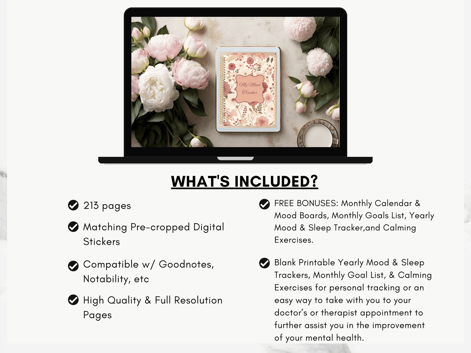 Digital Mood Tracker, Daily Planner, Digital Stickers, Therapeutic Tool, Blush Neutral Floral