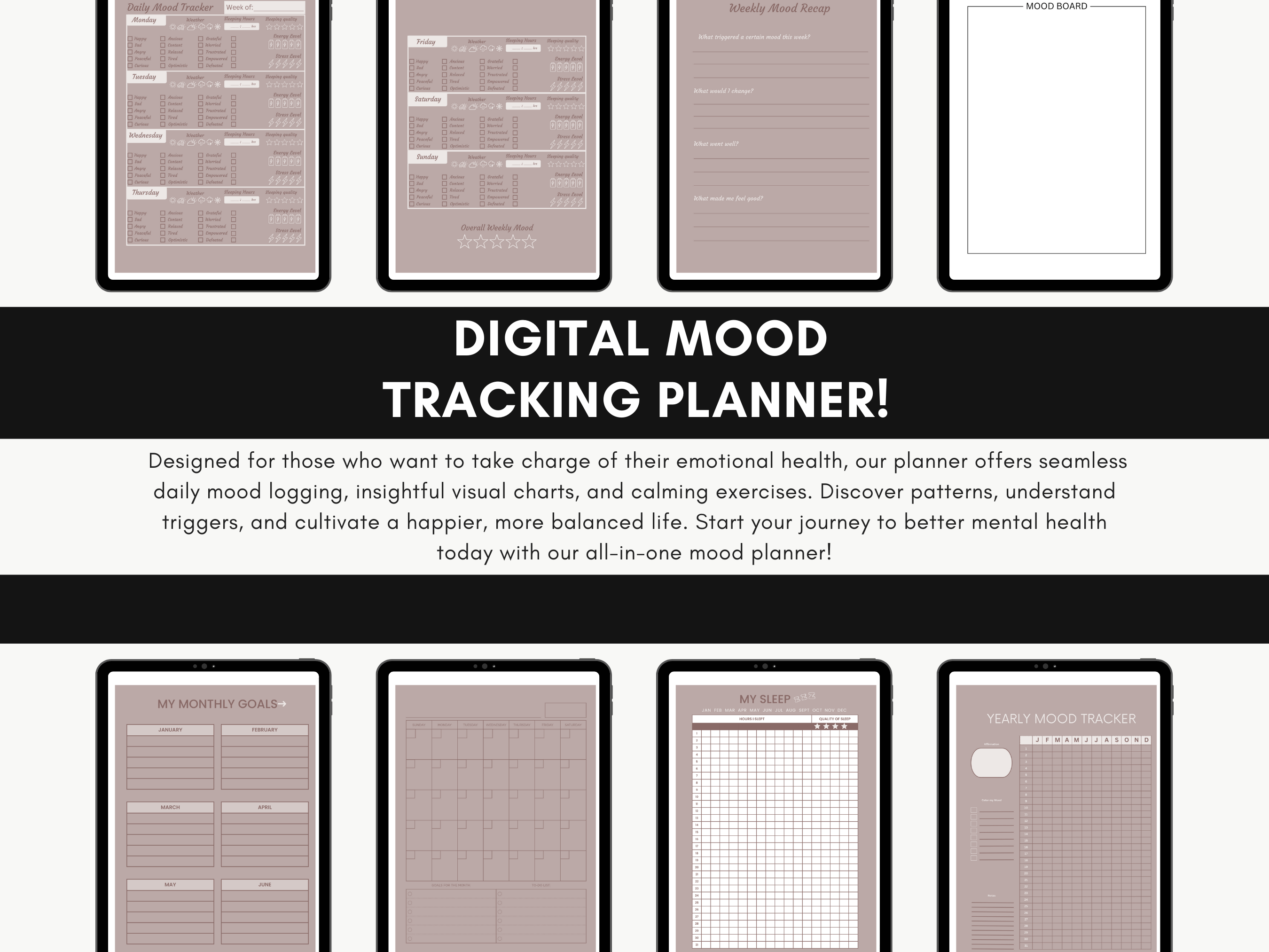 Digital Mood Tracker, Daily Planner, Digital Stickers, Therapeutic Tool, Mocha Neutral