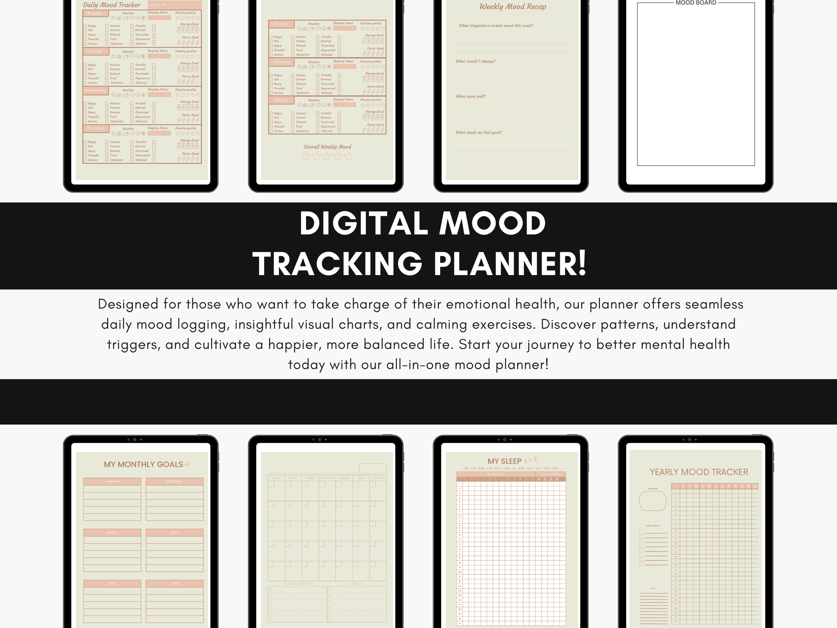 Digital Mood Tracker, Daily Planner, Digital Stickers, Therapeutic Tool, Soft Neutral