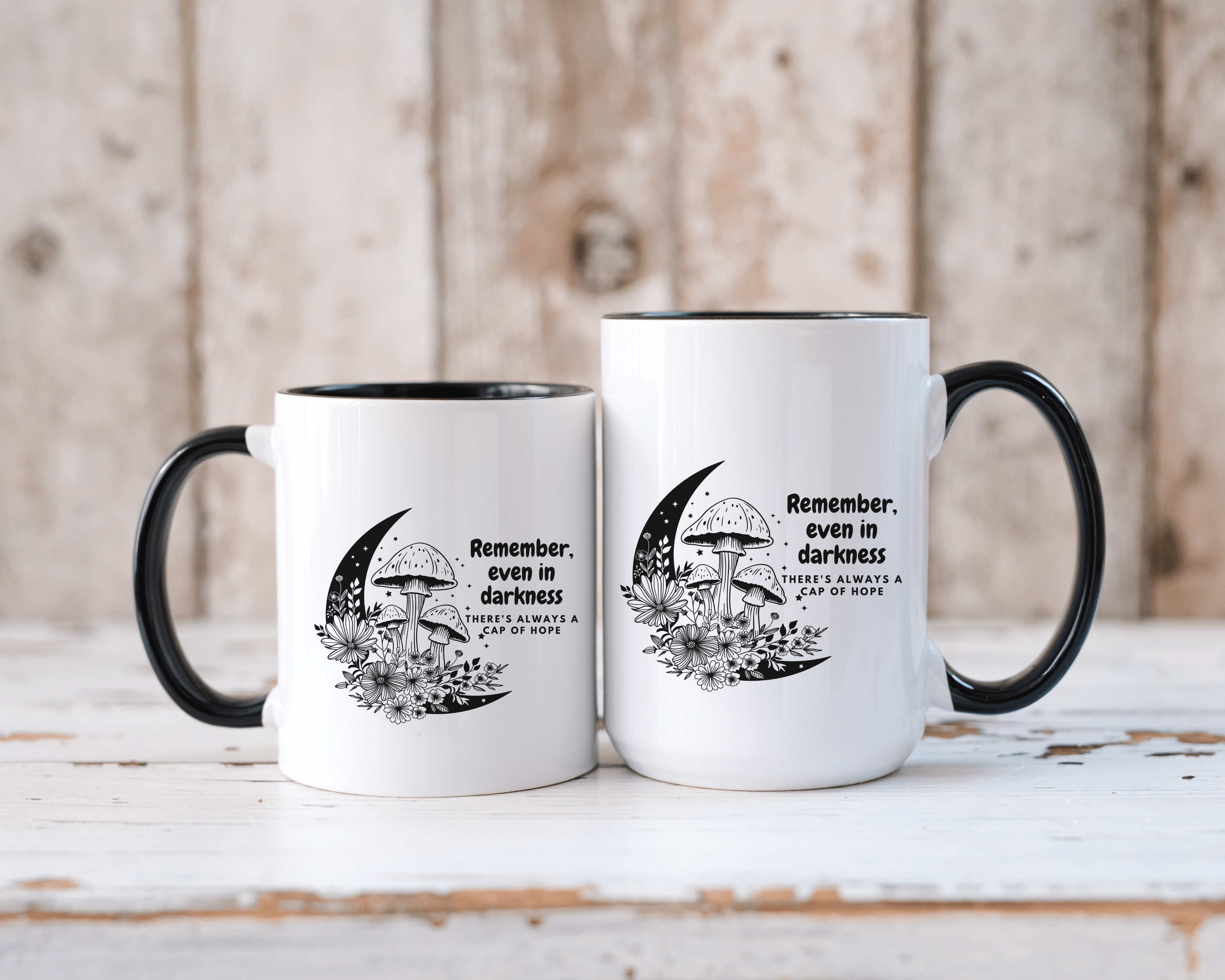 Mushroom Mug, Celestial Mug, with Crescent Moon, Nature Line Art, Wildflowers, Motivational Quote, Coffee Lover Gift